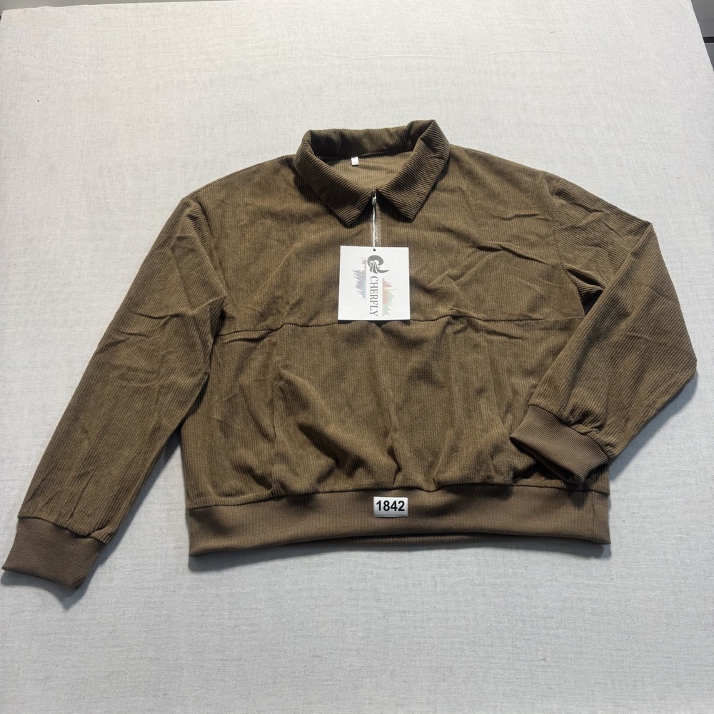 Cherfly Corduroy Quarter‎ Zip Jacket Women Sz L Brown New With Tags